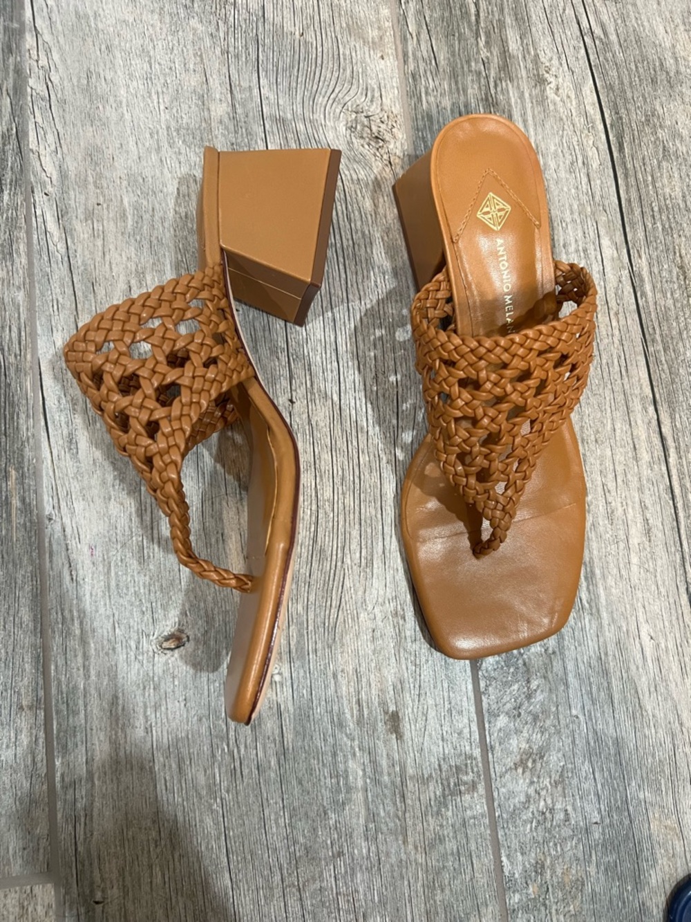 Antonio Melani Woven Leather Heeled Sandals Brown Square Toe Size 8M New